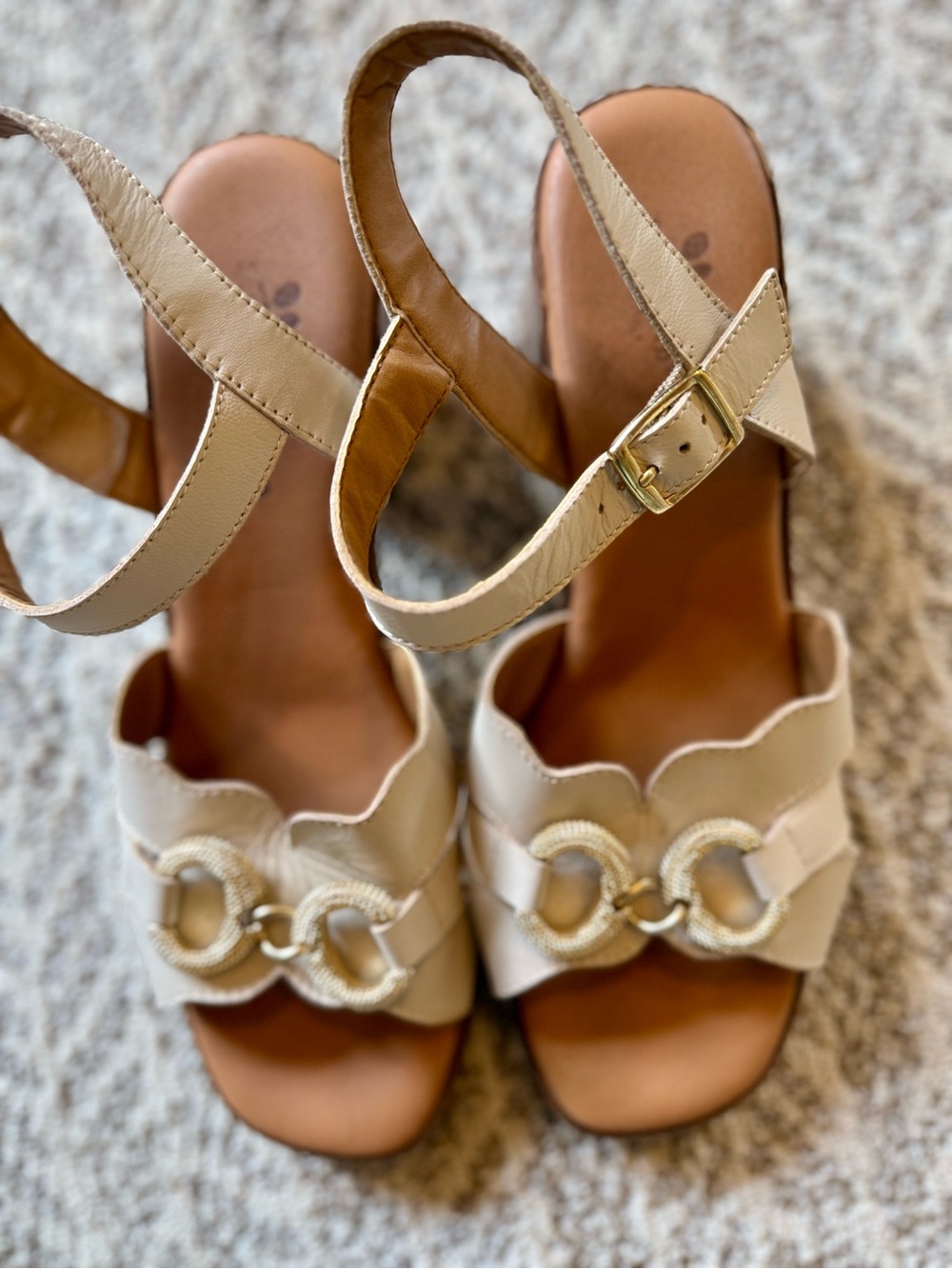 Spring Step Cream Scalloped Strap Sandals with Gold Rings